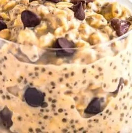 Delicious Cookie Dough Overnight Oats topped with chocolate chips and nuts