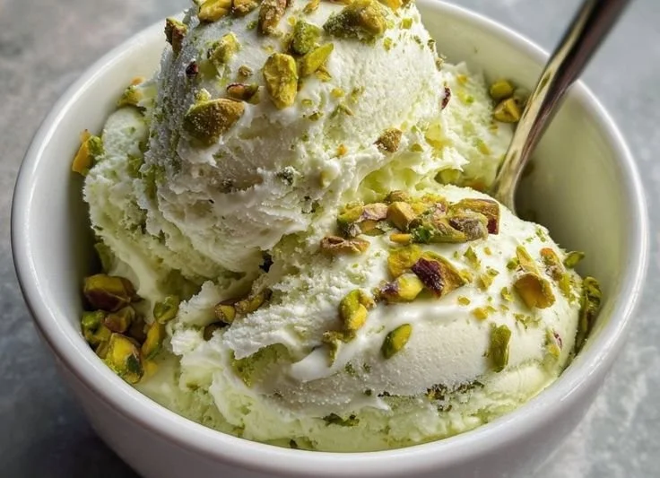 Creamy pistachio cottage cheese ice cream in a bowl with pistachios on top.