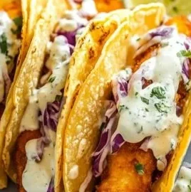 Crispy Baja Fish Tacos served with fresh toppings and lime