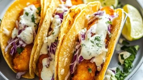 Crispy Baja Fish Tacos served with fresh toppings and lime