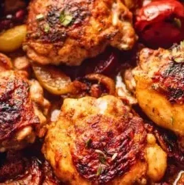 Crispy Mediterranean chicken thighs served on a plate, garnished with herbs.