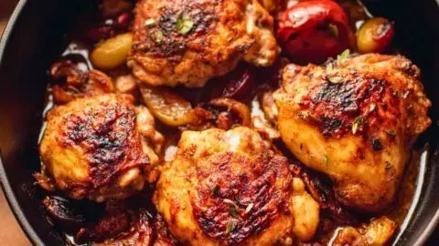 Crispy Mediterranean chicken thighs served on a plate, garnished with herbs.