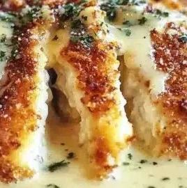 Crispy Parmesan Chicken served with garlic cream sauce on a plate