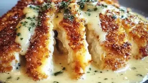 Crispy Parmesan Chicken served with garlic cream sauce on a plate