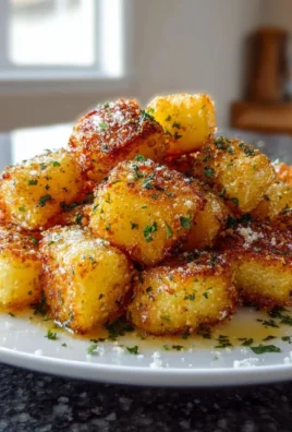 Crispy Parmesan Crusted Potatoes served on a plate with garnish.