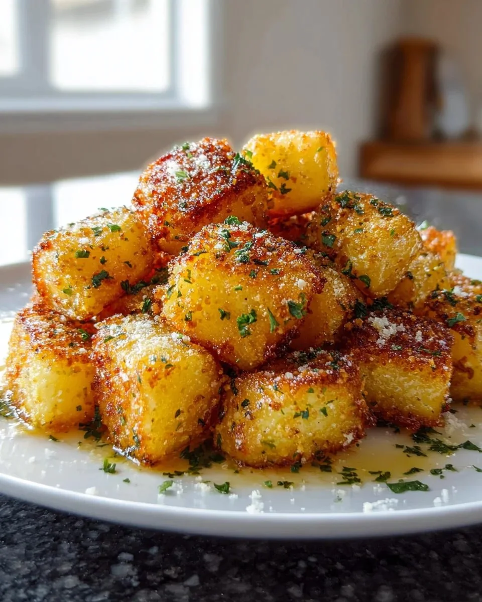 Crispy Parmesan Crusted Potatoes served on a plate with garnish.