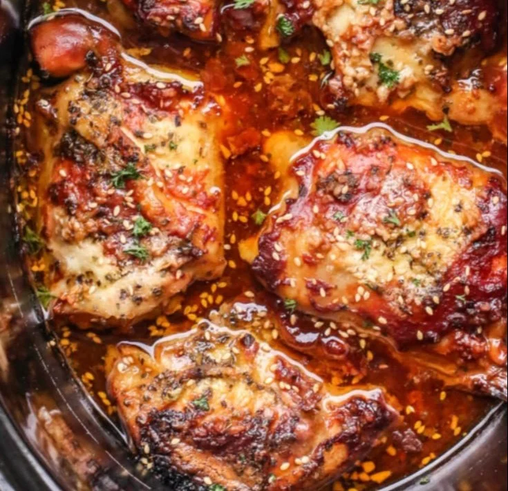 Delicious Crock Pot chicken thighs ready to be served for dinner