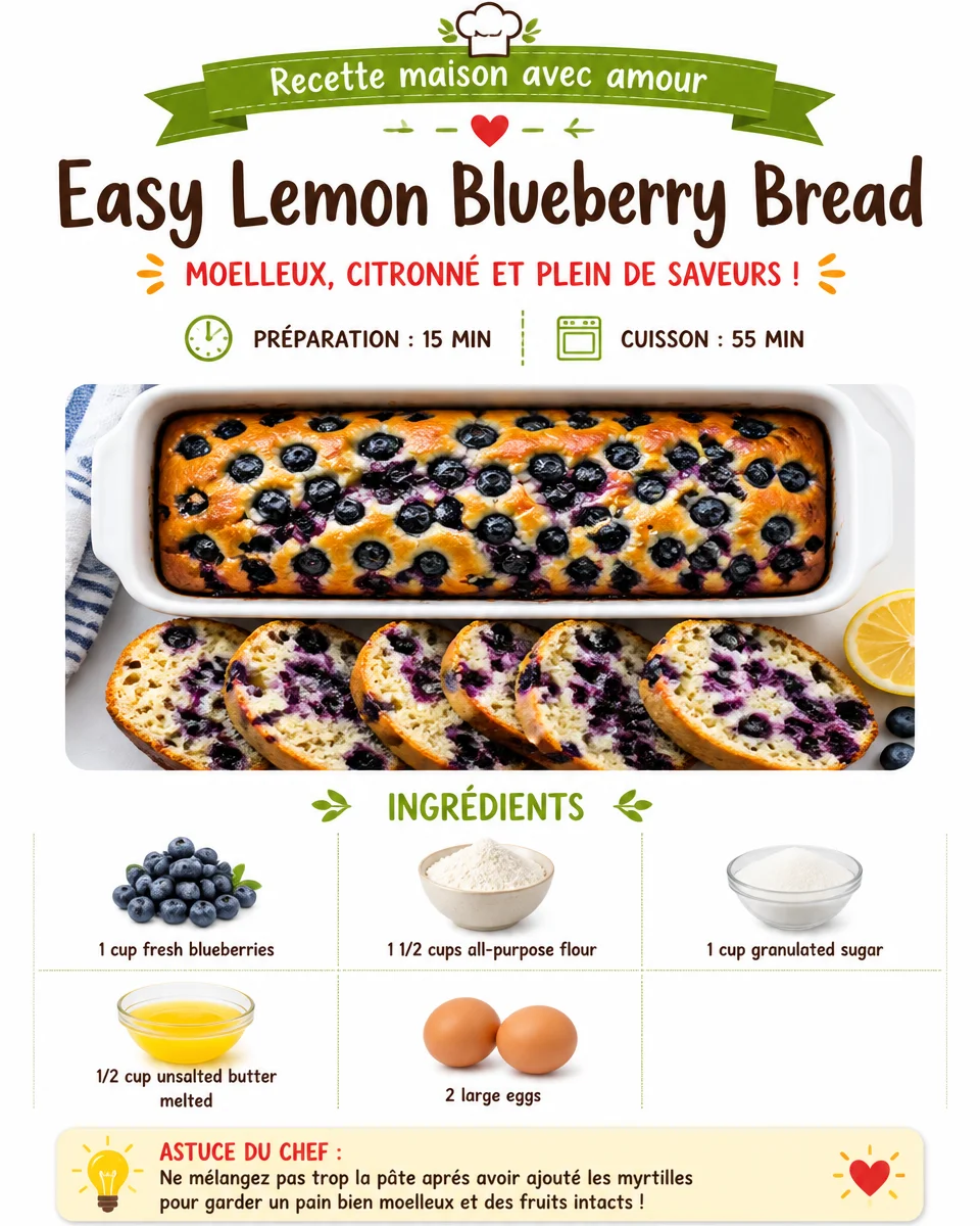 Loaf of easy lemon blueberry bread with slices showing soft texture and blueberries