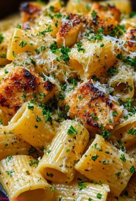 Delicious garlic butter chicken served with rigatoni and topped with parmesan cheese
