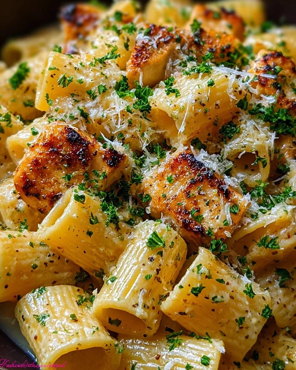 Delicious garlic butter chicken served with rigatoni and topped with parmesan cheese