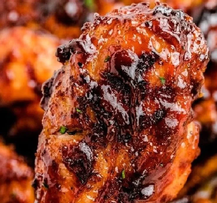 Deliciously grilled BBQ chicken with smoky flavor and glossy sauce on a platter.