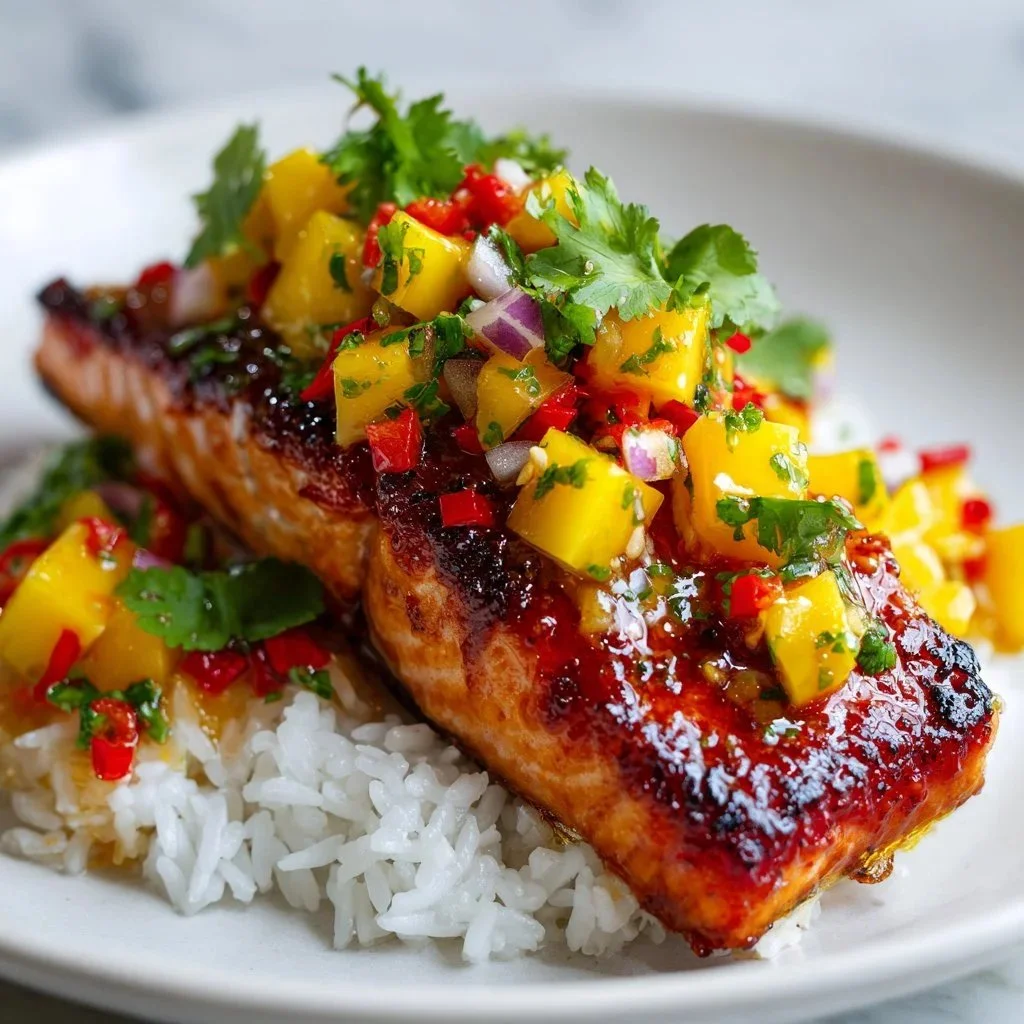 Grilled salmon fillet topped with fresh mango salsa on a plate