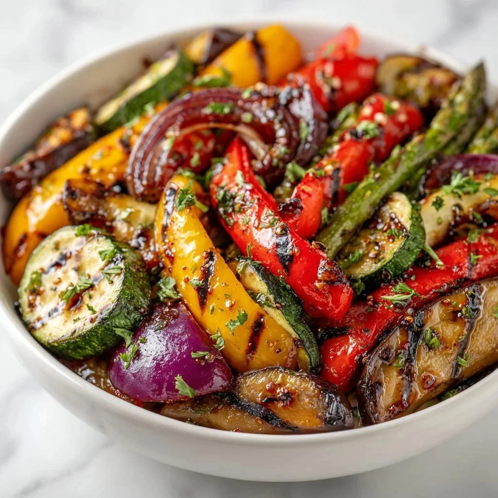 Assorted grilled veggies including bell peppers, zucchini, and eggplant on a barbecue grill.