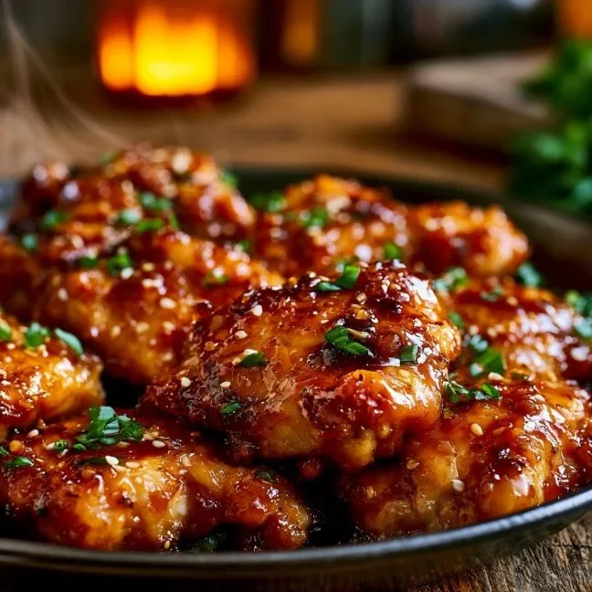 Honey Garlic Chicken dish garnished with sesame seeds and green onions