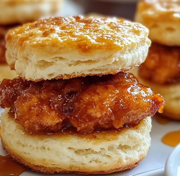 Freshly baked hot honey chicken biscuits served on a plate
