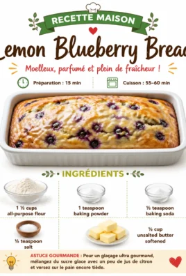 Sliced lemon blueberry bread on a wooden cutting board with blueberries and lemon slices.