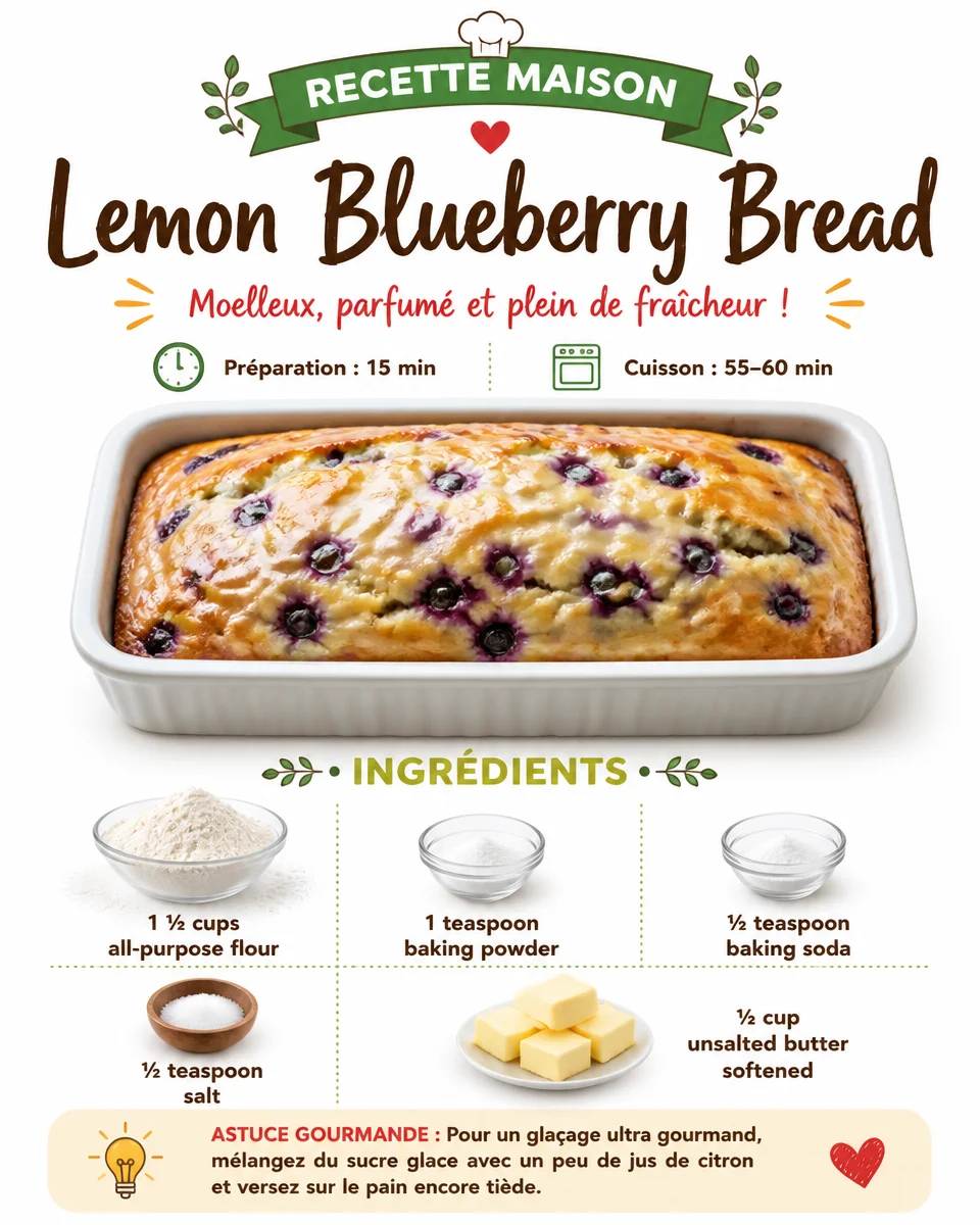 Sliced lemon blueberry bread on a wooden cutting board with blueberries and lemon slices.