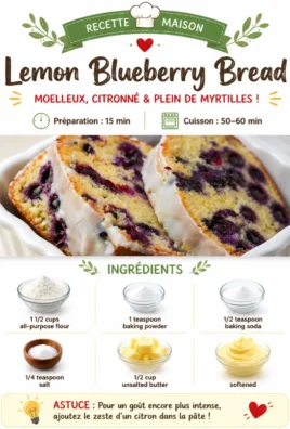 Freshly baked lemon blueberry bread with slices revealing blueberries and lemon zest