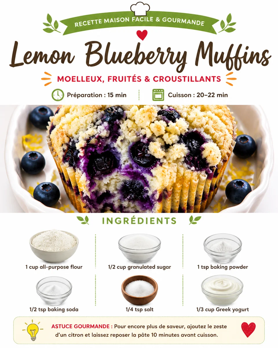 Freshly baked lemon blueberry muffins with a golden top and juicy blueberries