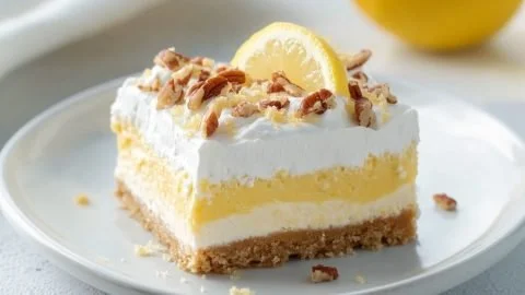 Delicious Lemon Lush dessert served in a glass dish with fresh lemon slices