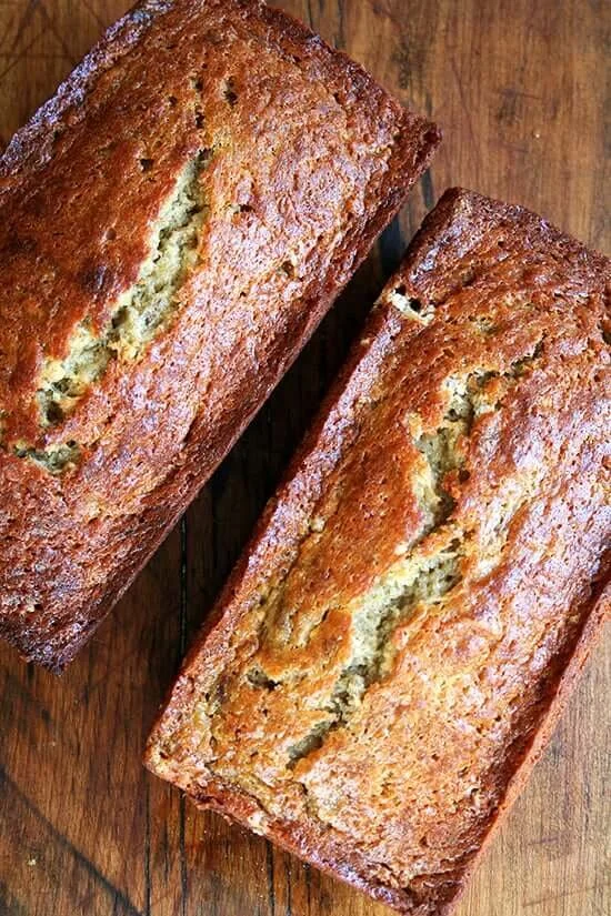 Homemade banana bread from Mrs. Myers, moist and sweet with a golden crust.