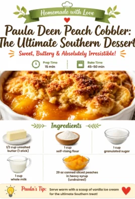 Delicious Paula Deen-style peach cobbler served in a rustic dish