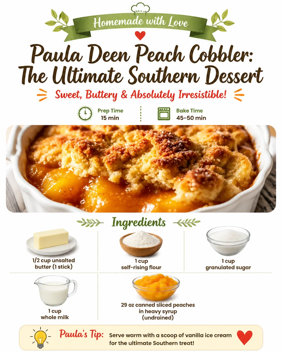 Delicious Paula Deen-style peach cobbler served in a rustic dish
