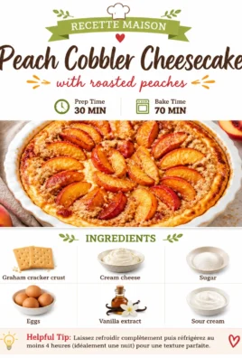 Delicious Peach Cobbler Cheesecake topped with fresh peaches and crumbles
