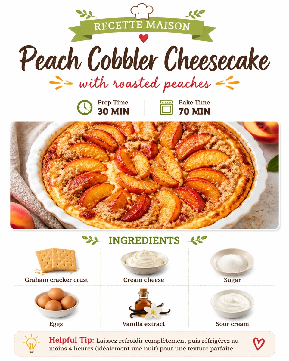 Delicious Peach Cobbler Cheesecake topped with fresh peaches and crumbles