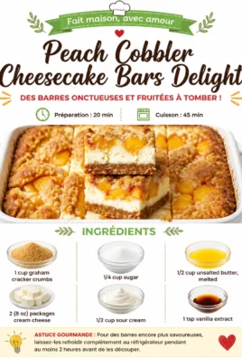 Delicious peach cobbler cheesecake bars with a golden crust and fruity topping.