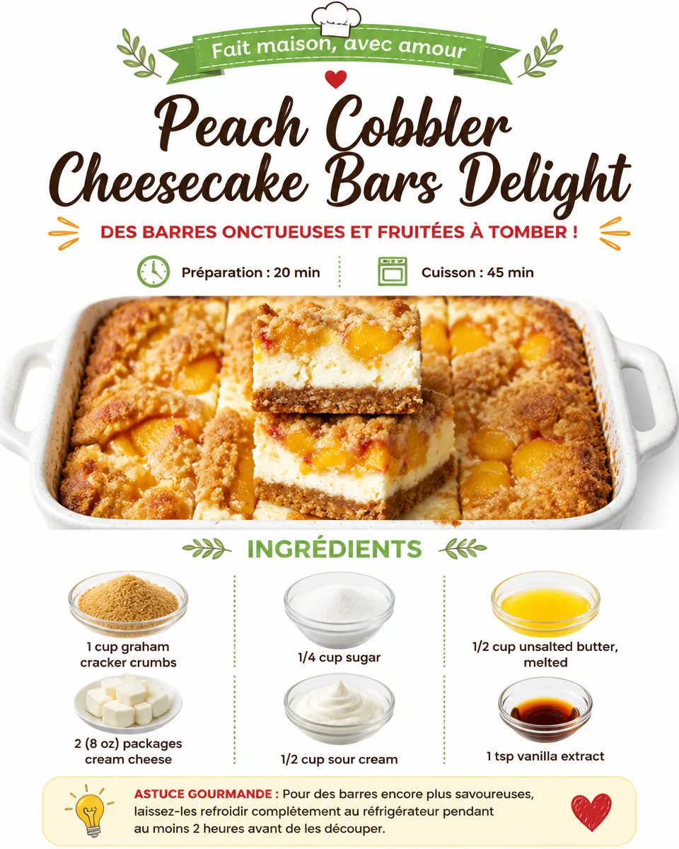 Delicious peach cobbler cheesecake bars with a golden crust and fruity topping.
