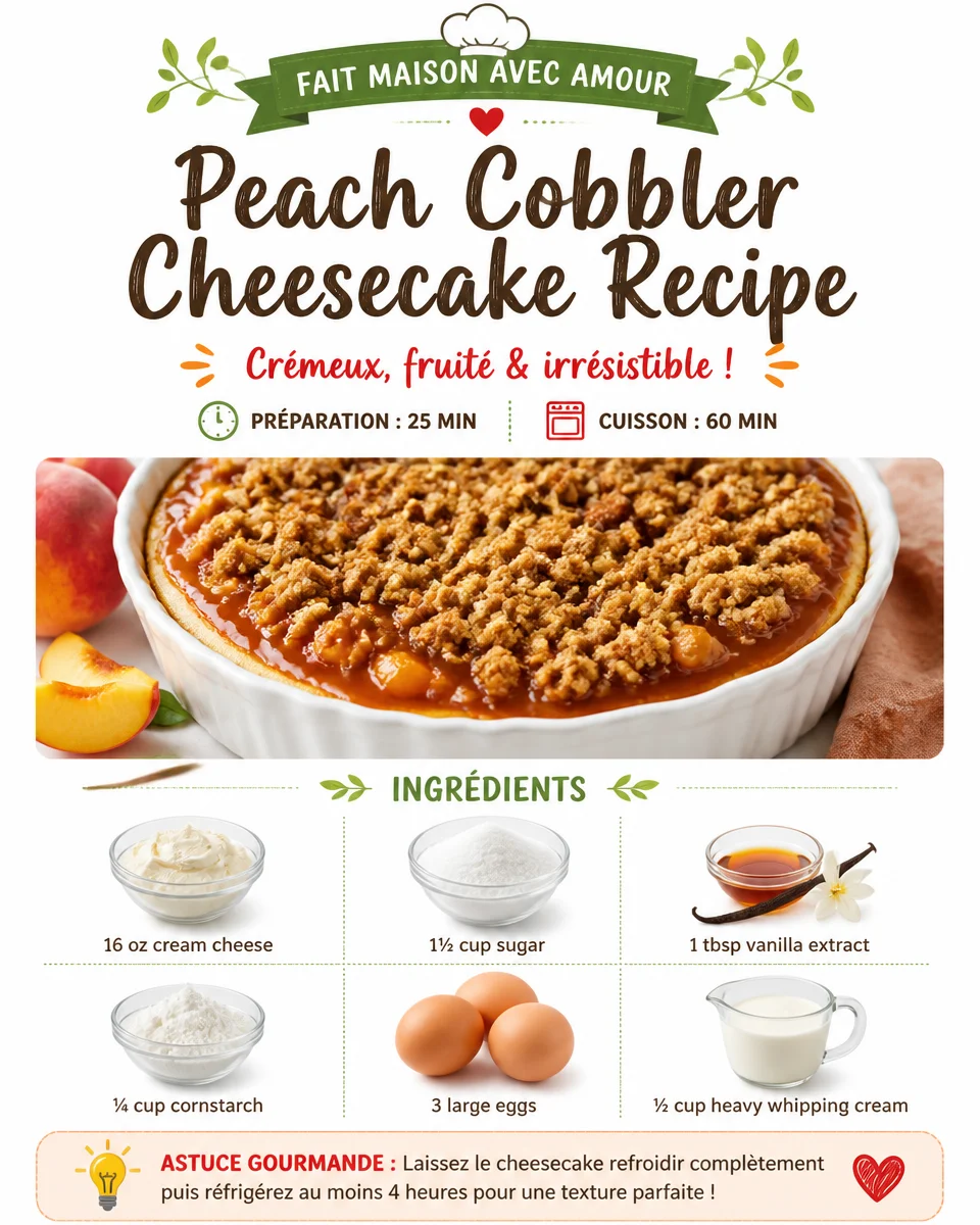 Slice of peach cobbler cheesecake with fresh peaches on top