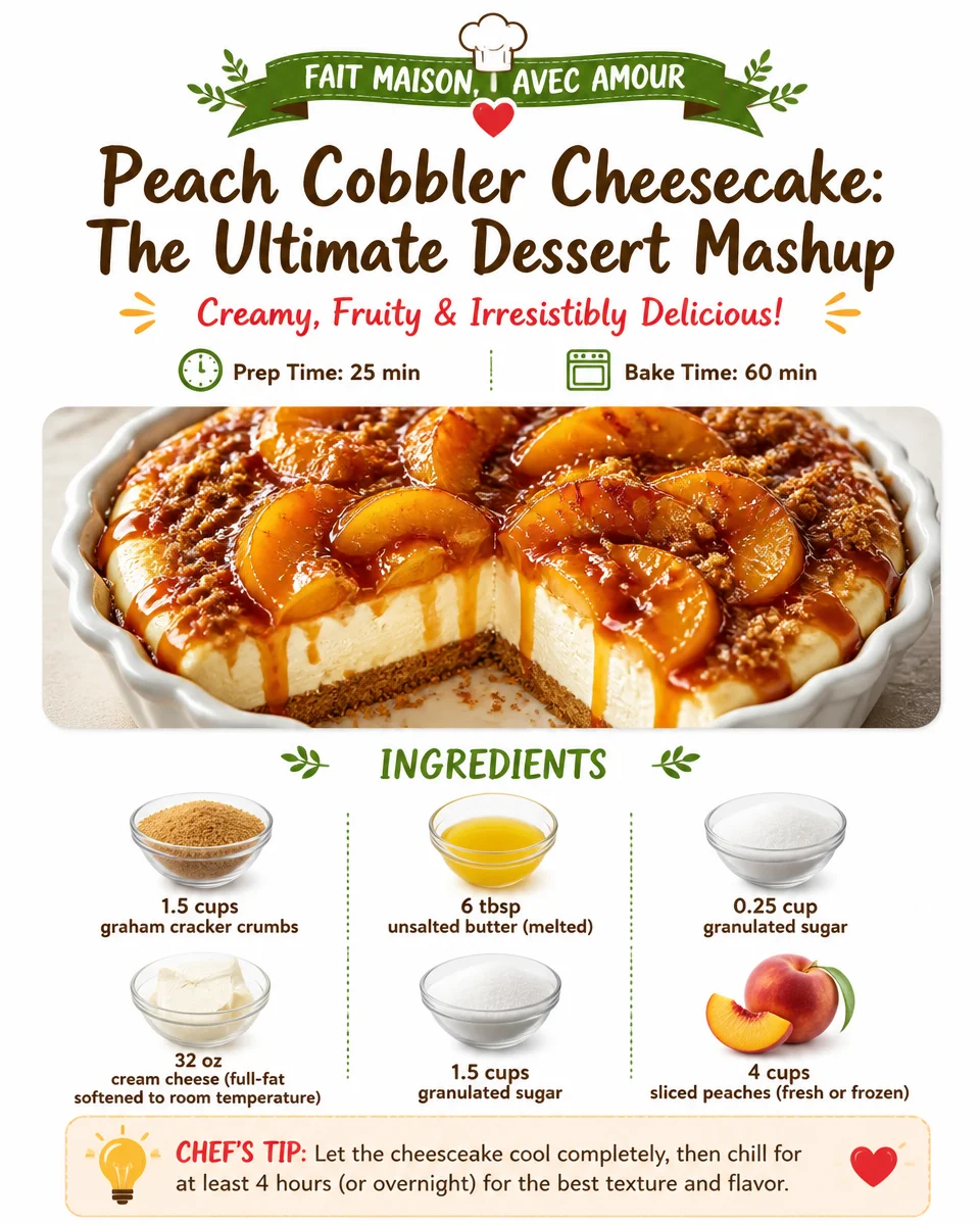 Slice of Peach Cobbler Cheesecake topped with fresh peaches and creamy filling