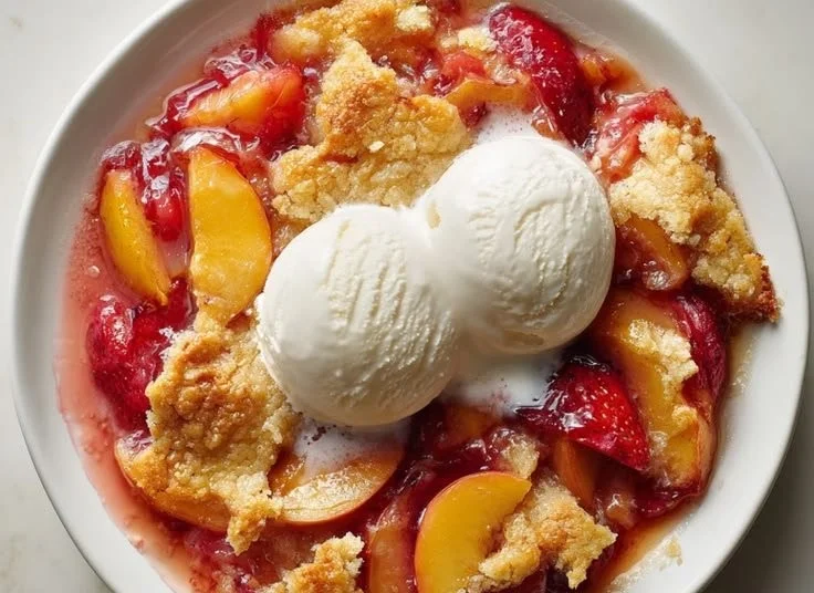 Delicious Peach Strawberry Cobbler served in a baking dish