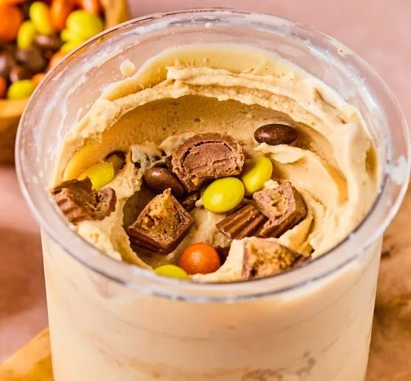 Peanut butter cup protein ice cream served in a bowl with chocolate drizzle