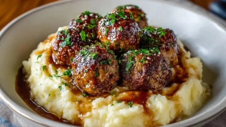 Delicious Salisbury Steak Meatballs with garlic herb mashed potatoes on a plate