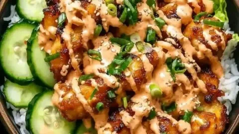 Delicious Bang Bang Chicken bowl with vibrant veggies and rich sauce