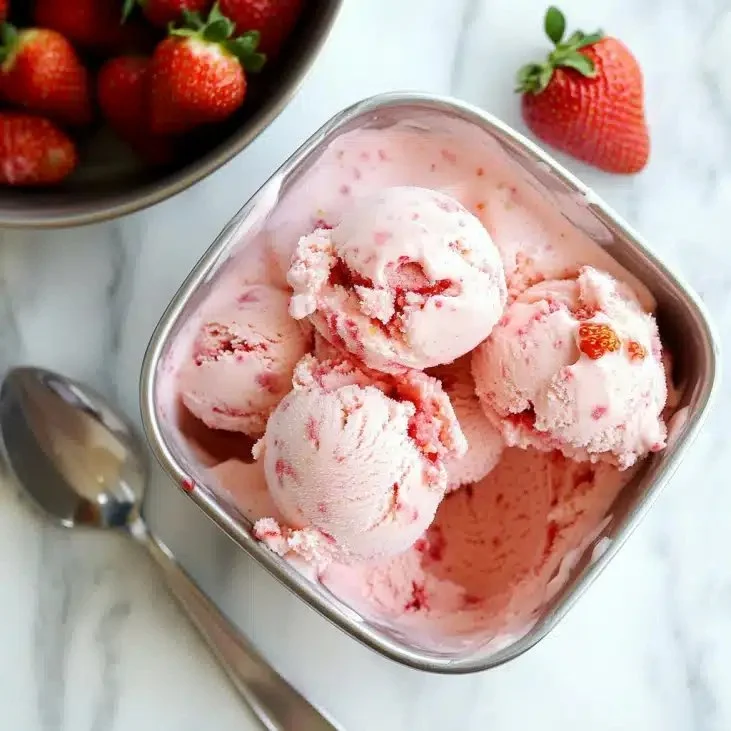 Strawberry cottage cheese ice cream in a bowl, garnished with fresh strawberries.