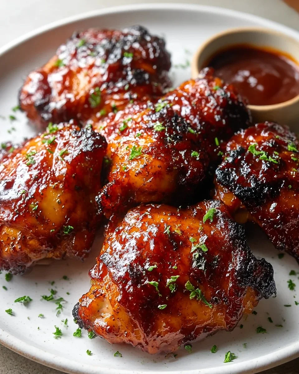 Sweet and sticky BBQ chicken thighs grilling on the barbecue