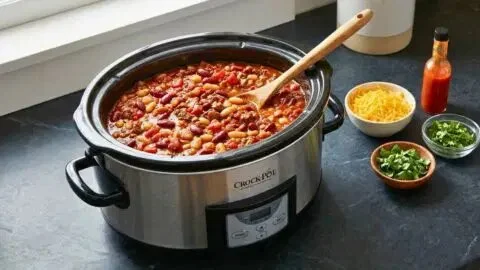 Delicious bowl of the best ever crockpot chili topped with cheese and herbs