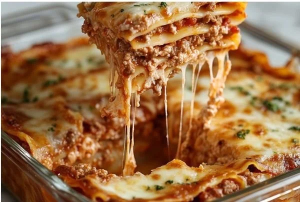 Delicious homemade lasagna with layers of cheese, meat, and sauce.